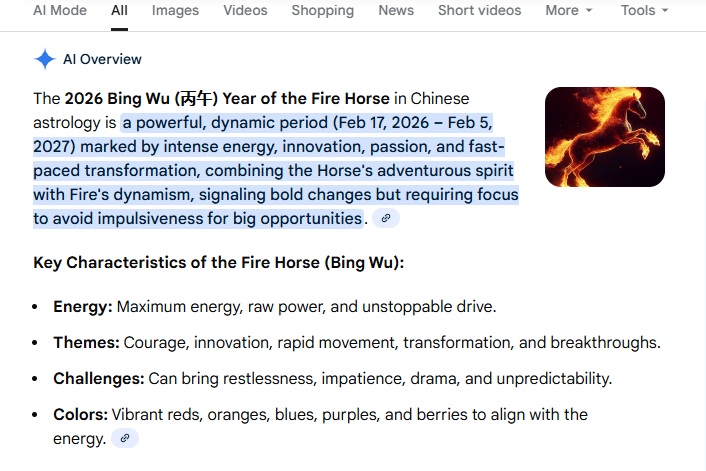Bing search results for Bing Wu Fire Horse 2026